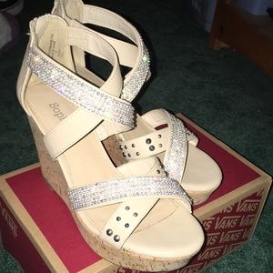 Beige studded wedges